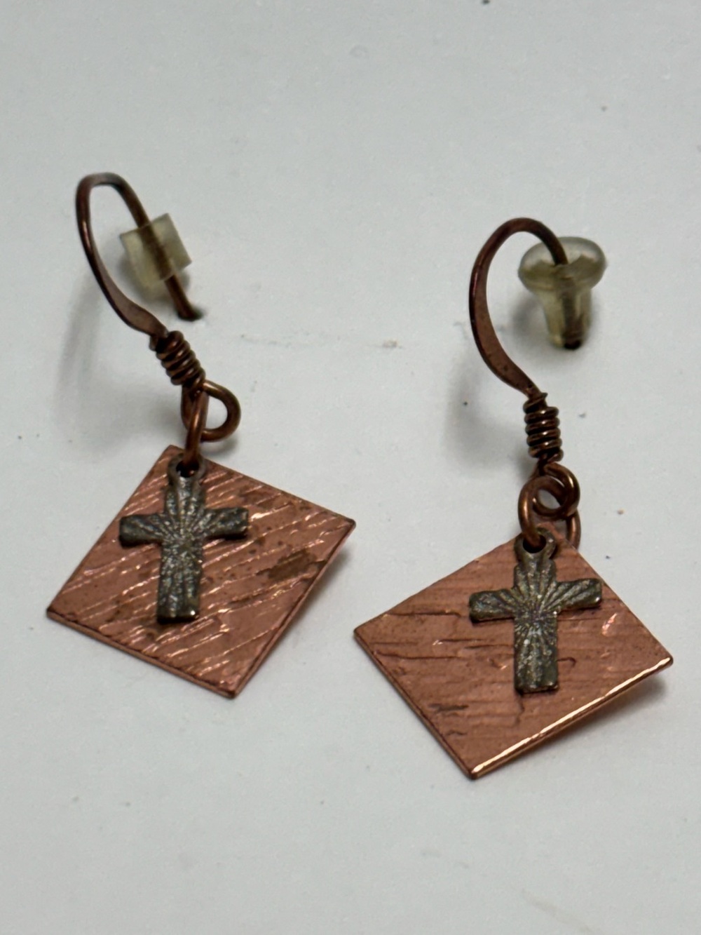 handcrafted copper cross earrings